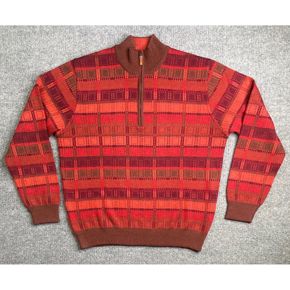 Dalmine Sweater Mens 52 Red Brown Plaid Merino Wool 1/4 Zip Made‎ in Italy